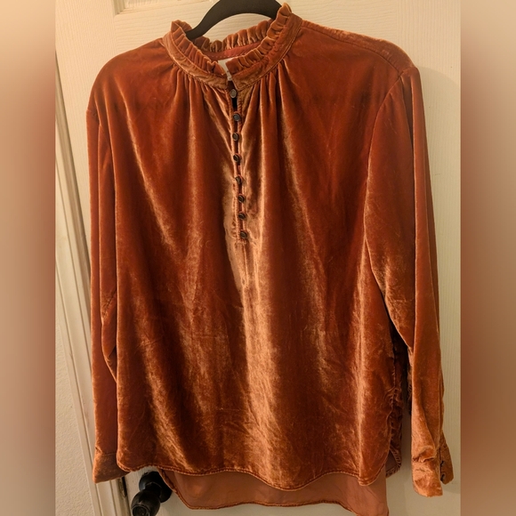 Anthropologie Burnt Orange Velvet Long Sleeve Blouse - Picture 3 of 5